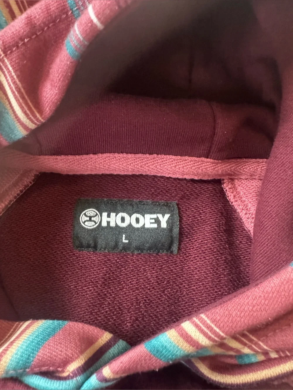 Hooey Men’s Pullover Hoodie Size L Burgundy Striped Logo Pocket Cotton Blend